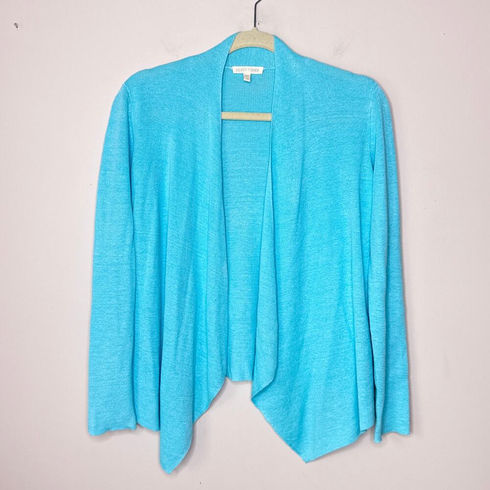Eileen Fisher Organic Linen Open Front Waterfall Cardigan Sweater‎ Size XS Blue